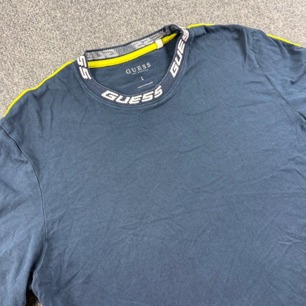 Guess T Shirt Large Blue Logo Neck Neon Side Stripe Mens T4RI33KBIV0